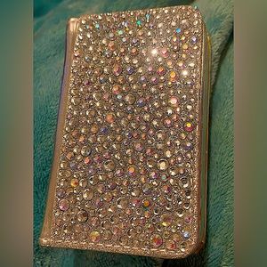 sparkly rhinestone crystal biz card holder purse/travel silver metallic leather